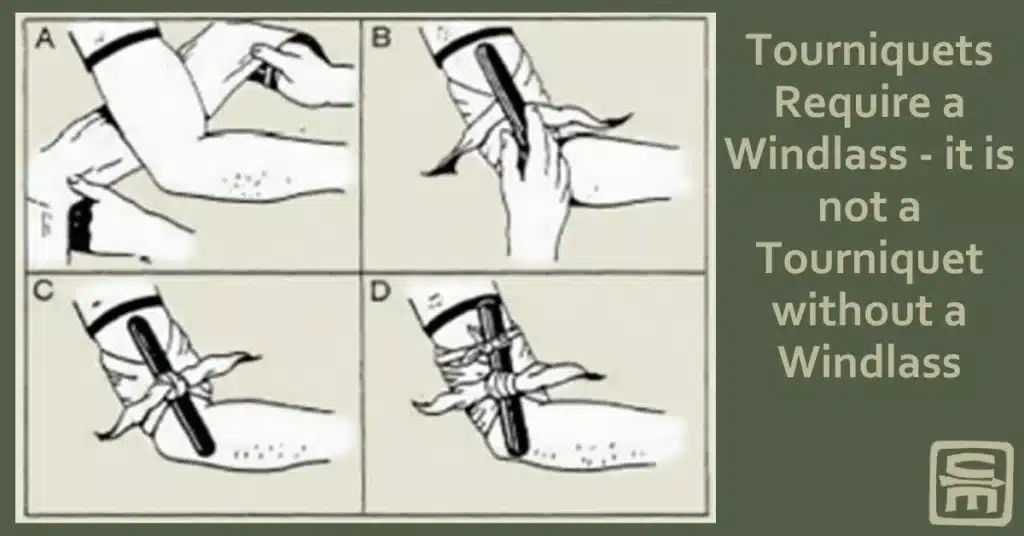 A diagram showing an improvised tourniquet with four steps illustrating the process including ensuring there is a windlass that is tightened