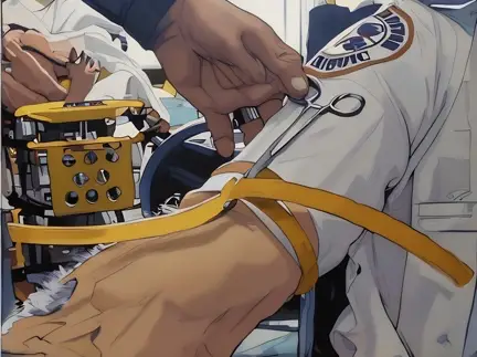 Photograph of a Boston paramedic demonstrating the use of surgical tubing and hemostats used as a tourniquet, similar to those used in WWII