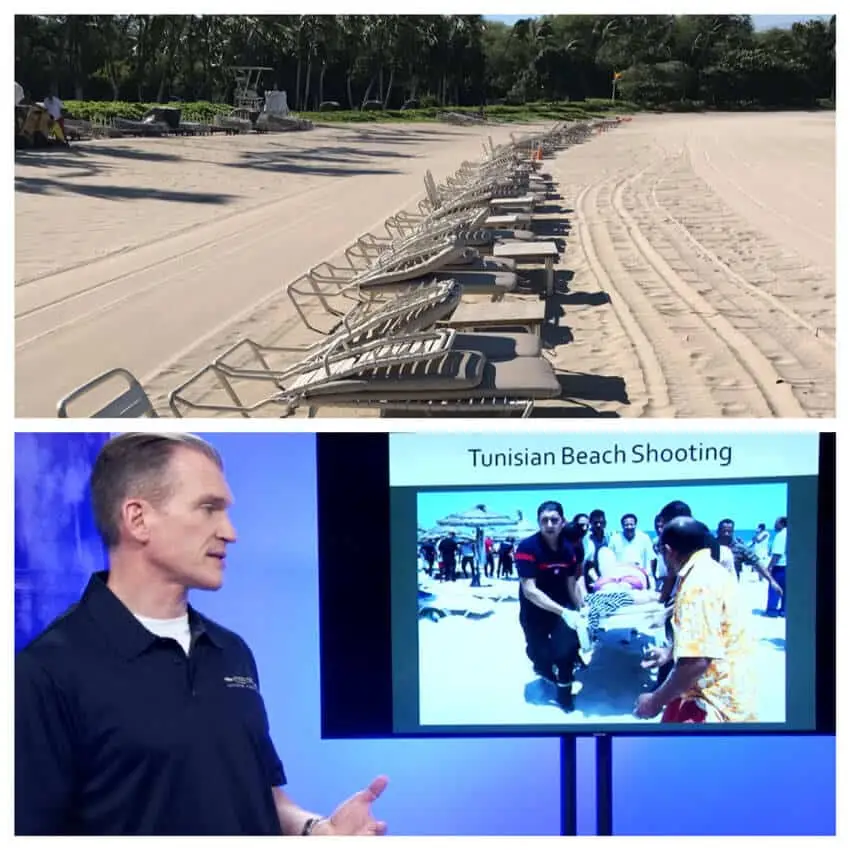 A line of beach lounge chairs is, when you're Mike on vacation, a row of improvised litters if the SHTF.