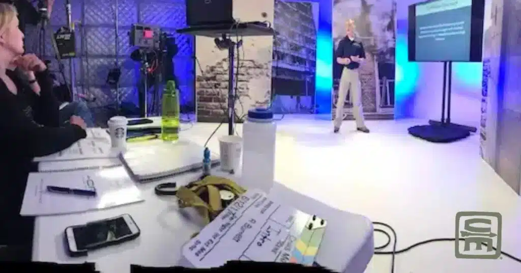 The professional sound stage where Dr. Mike Shertz films his online classes showing backstage with professional camera operators