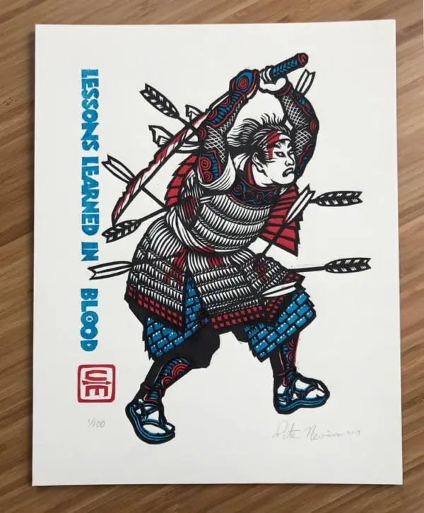 A Samurai, shot with seven arrows, holds a broken and bloodied sword overhead while he continues battle