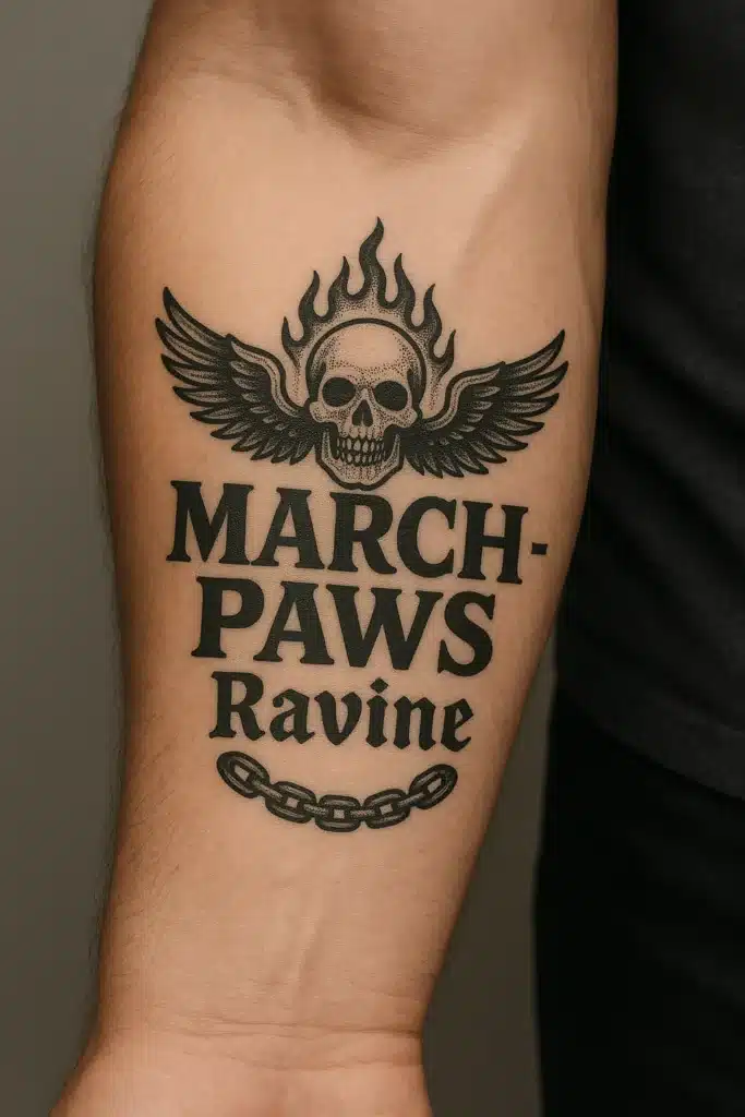 An AI generated image of a forearm with a tattoo listing MARCH-PAWS Ravine