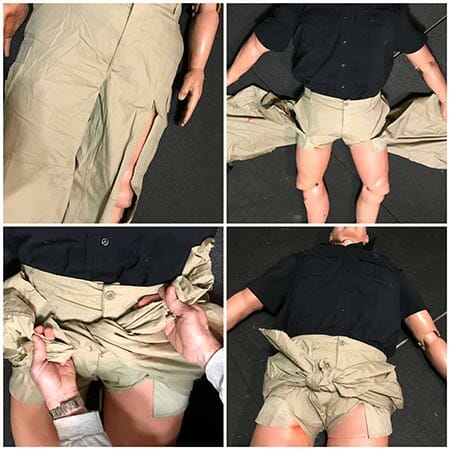 Photos demonstrating using a casualty's pants as an improvised pelvic binder by cutting the pants up the front, winging the legs out, wrapping them tightly and tying around the casualty's pelvis