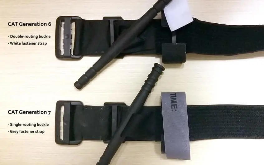 A photo showing a comparison of the 6th & 7th generation NAR CAT tourniquets illustrating the double and newer single eyelet configurations