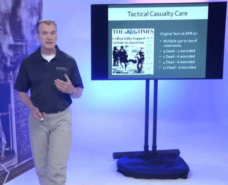 Mike teaching in front of a slide discussing lessons learned from the Virginia Tech shooting.