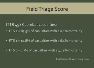 A Crisis Medicine olive green slide discussing the JTTR evaluation of 4988 combat casualties and their Field Triage Score implications