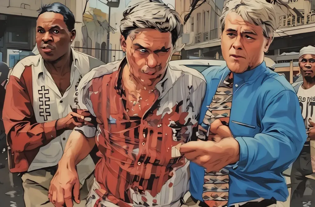 Two office workers help an badly bloodied and injured colleague evacuate the US Embassy in Nairobi in 1998