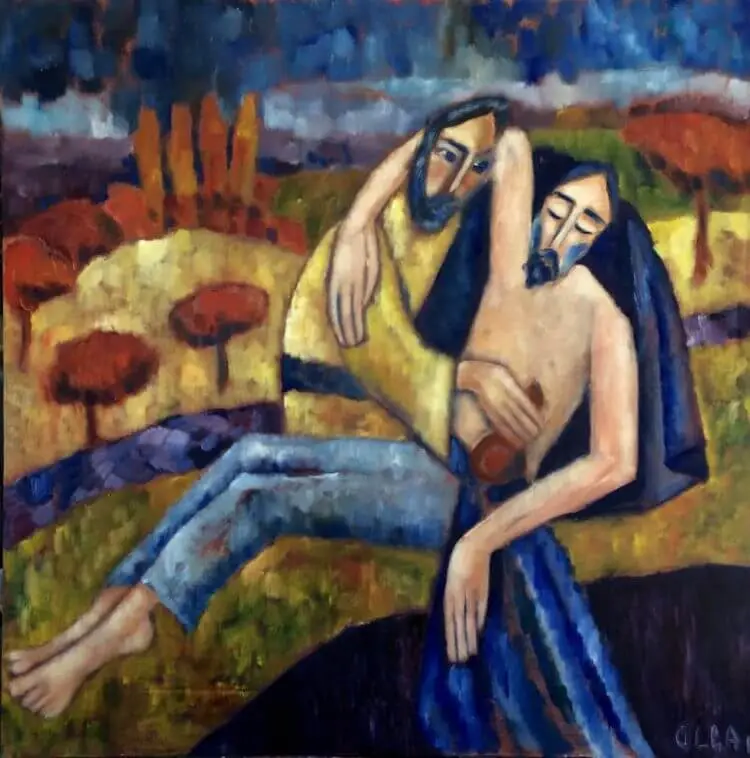 A painting depicting the biblical story of the Good Samaritan tending wounds.