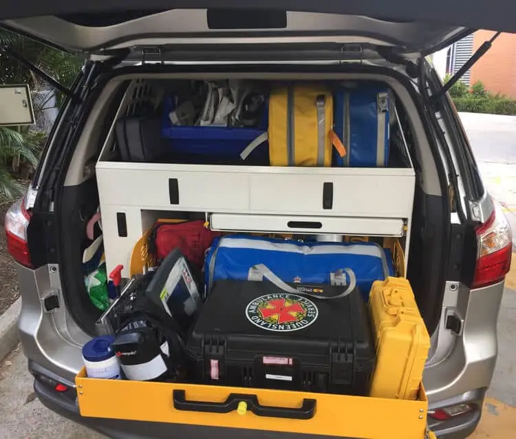 Queensland Ambulance Service HARU rig showing the back of an SUV open to reveal the Pelican case containing prehospital blood
