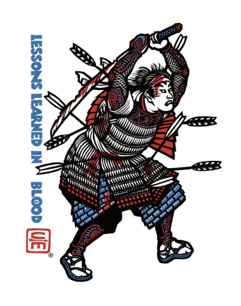 A wounded Samurai, shot with arrows and bloodied continues to fight with a broken sword