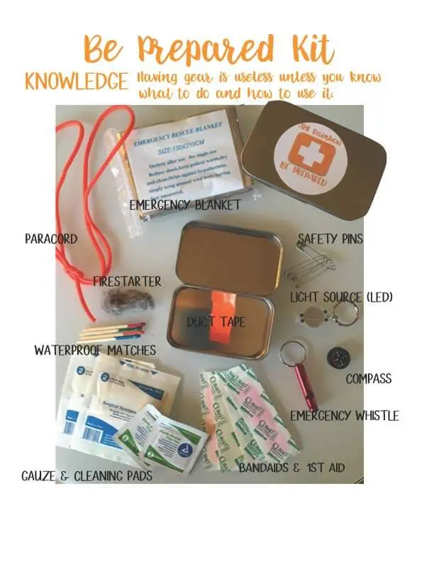 Be Prepared kit for kids including small items from each of the Be Prepared stations
