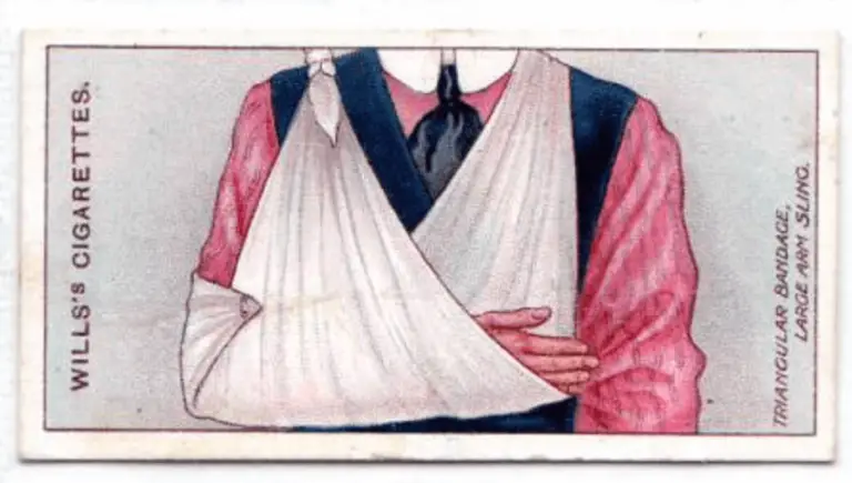 A card showing cravats used as a sling