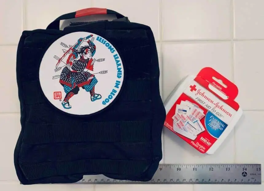 On the left is a robust IFAK prepared to treat LSIs and on the right is a boo boo kit for convenience