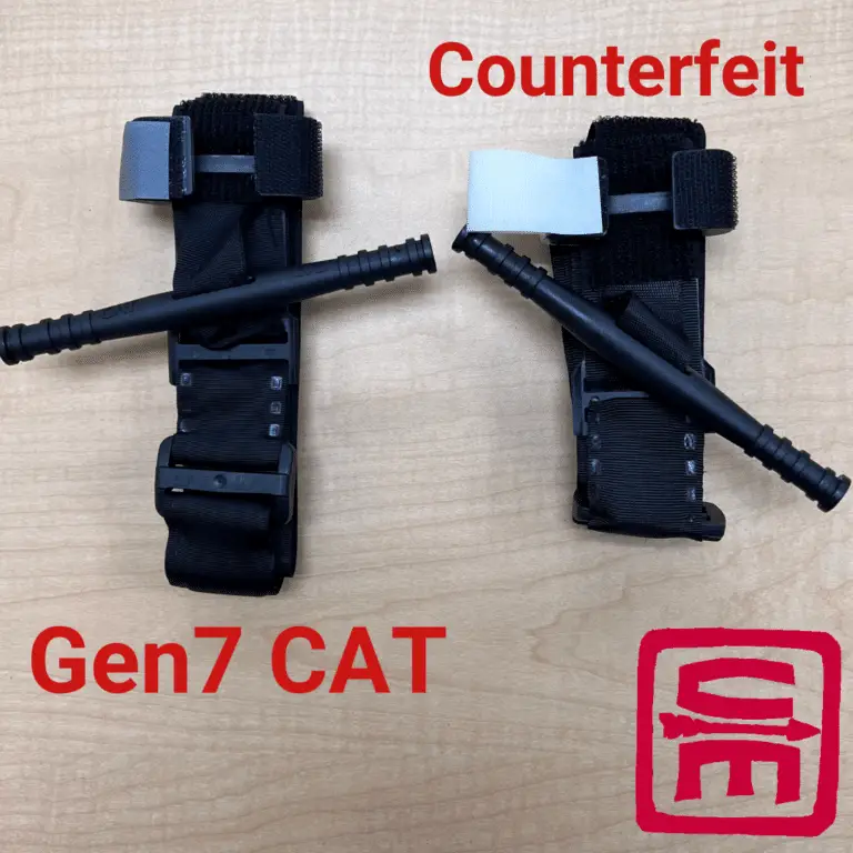 Two tourniquets side by side, one a Gen 7 CAT tourniquet manufactured by NARescue, the other a cheap knock off with unproven and unknown efficacy, but a reputation for breaking easily