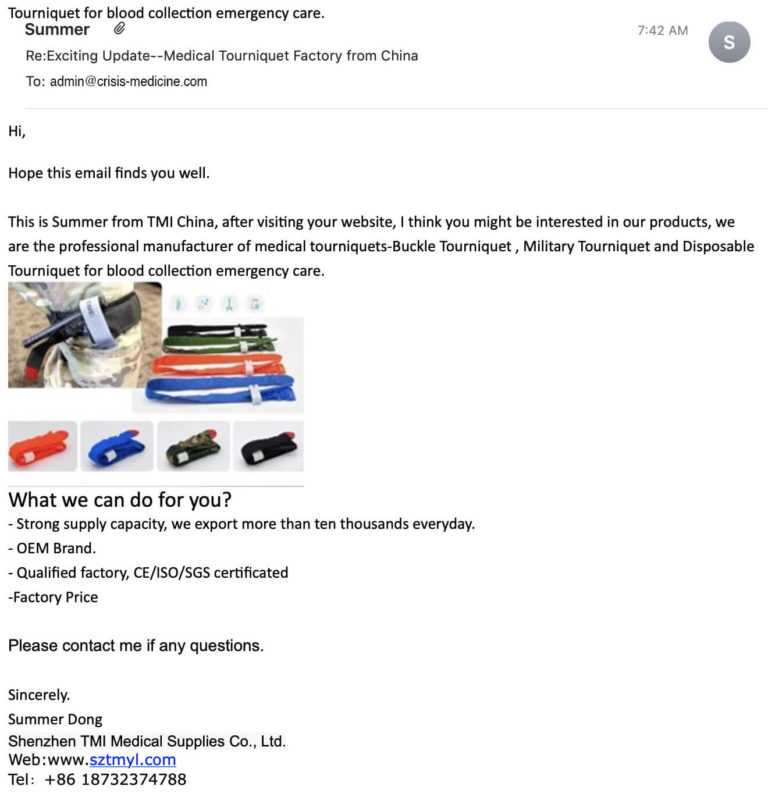 an email from Summer in China offering to tell us purportedly OEM Brand counterfeit CAT tourniquets