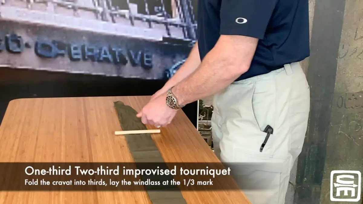 An improvised tourniquet alternate begins by knotting the windlass at the ⅓ point of the tournqiuet