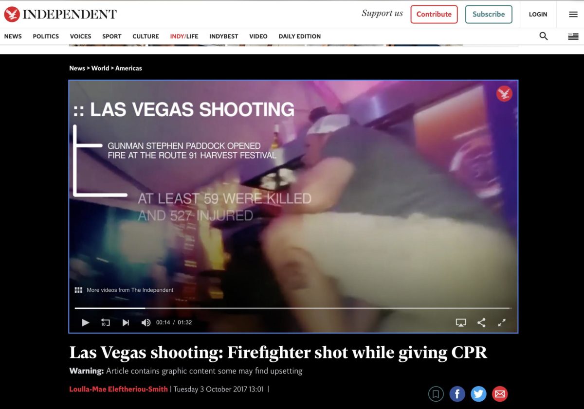 News article announcement about a firefighter getting shot performing CPR during the Las Vegas shooting