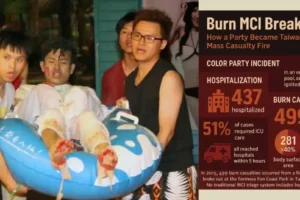 Taiwan Color Party Disaster: 499 Burned in Massive Dust Explosion - photo shows a casualty with full thickness burns to his feet being carried on a pool floatie