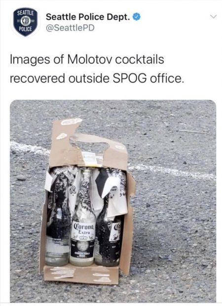 Seattle PD twitter images of Molotov cocktails recovered outside SPD office