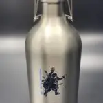 new Crisis Medicine custom Growler with the Samurai holding his pretzel overhead and his beer outstretched in his left hand
