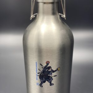 new Crisis Medicine custom Growler with the Samurai holding his pretzel overhead and his beer outstretched in his left hand