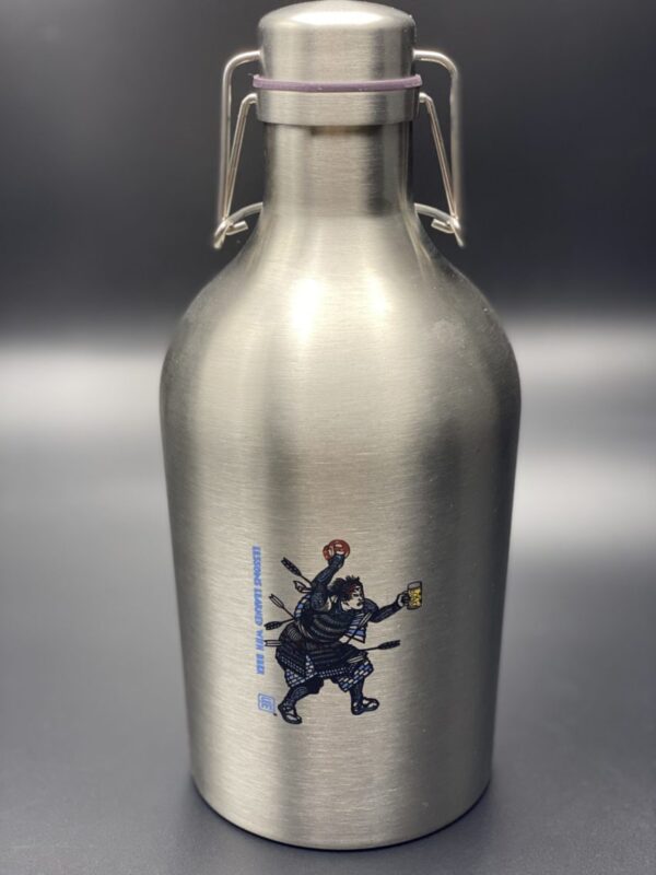 new Crisis Medicine custom Growler with the Samurai holding his pretzel overhead and his beer outstretched in his left hand