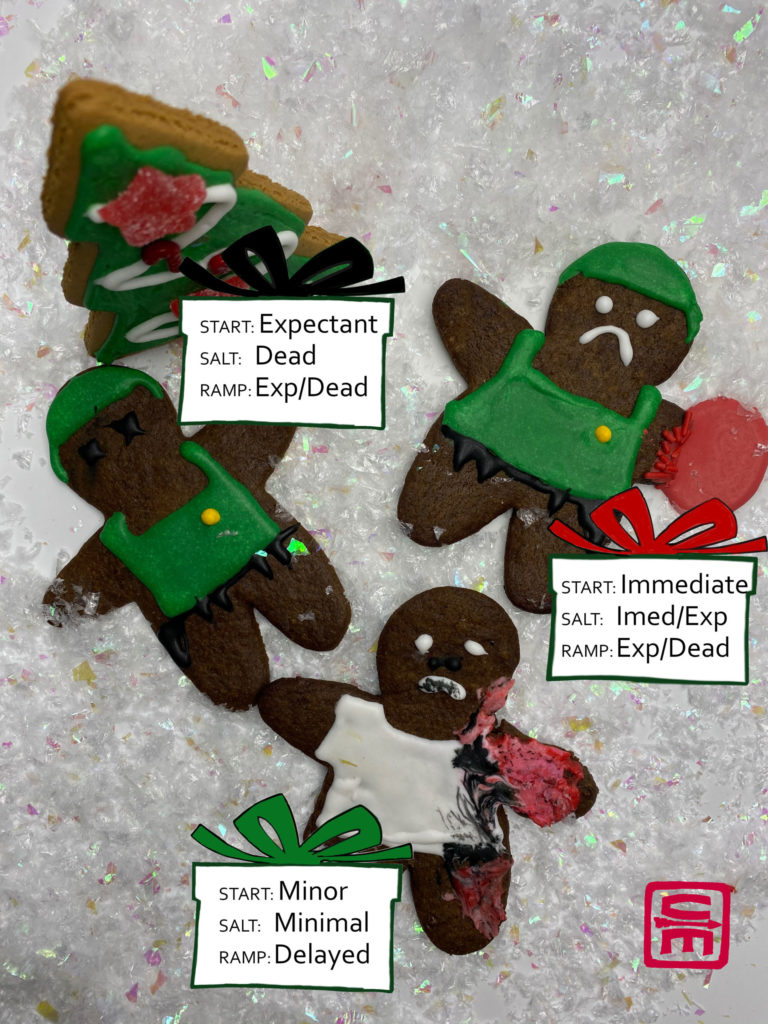 The answers to how the third group of gingerbread casualties triage under three different systems.