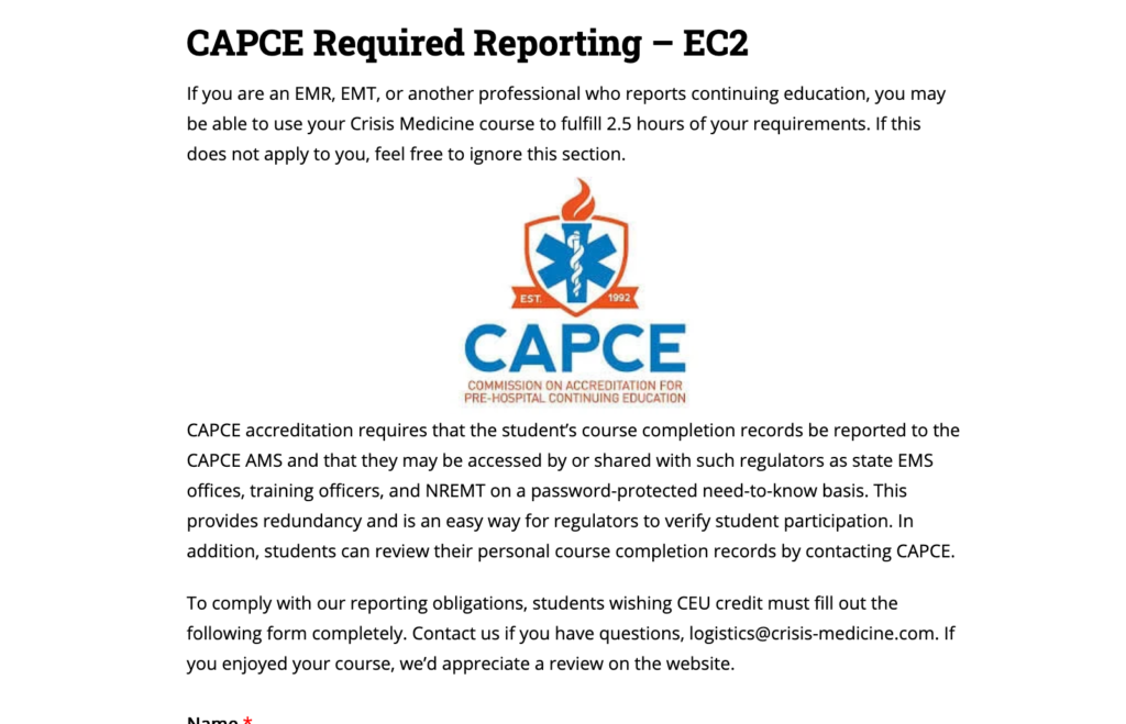 The top the CAPCE reporting form, discussing the requirements and purpose