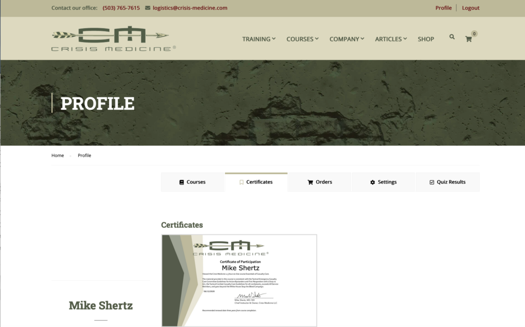 The profile page, showing the tab which contains student's completion certificates