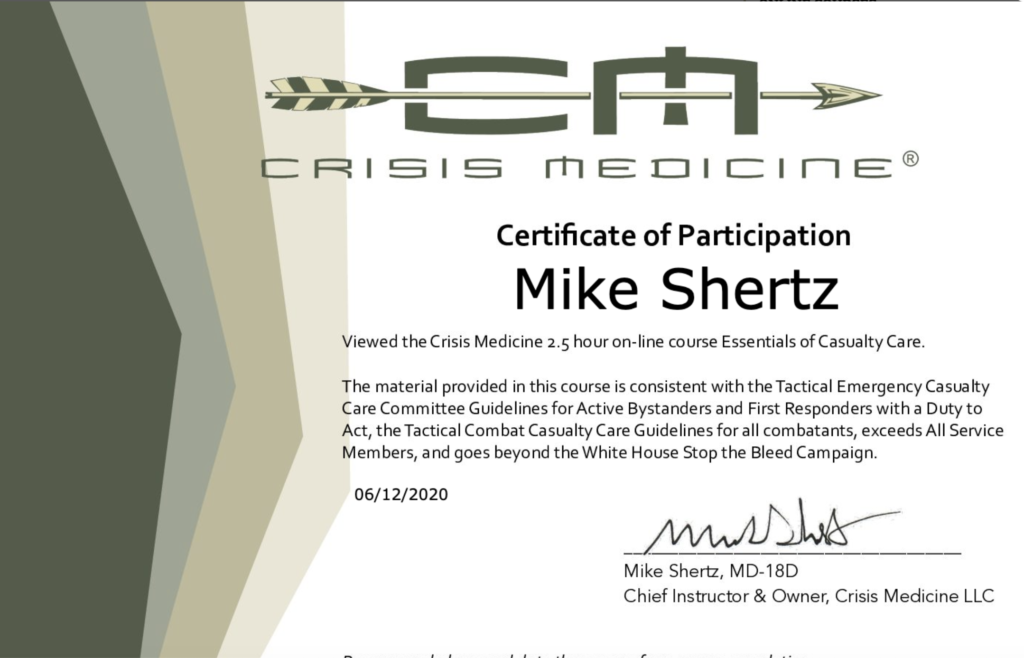 A Crisis Medicine completion certificate