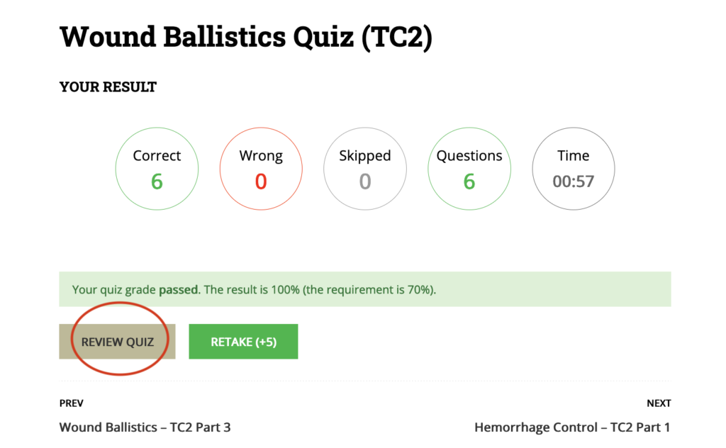 A screenshot showing the review quiz button on our courses, which allows students to review which questions they got right and wrong.