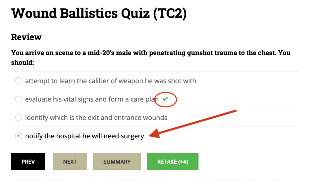 A screen shot of the quiz review page, showing a correctly marked answer with a green check mark, and crossing out the student's incorrect answer.
