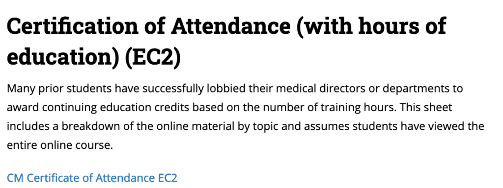 A screen shot of the "Certificate of Attendance" lesson, where students can download a PDF which lists completion hours per topic