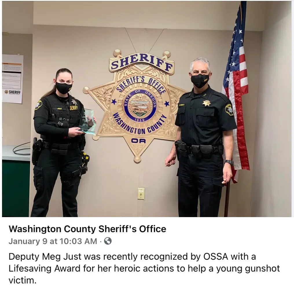 Social Media post announcing Deputy Meg Just's OSSA Lifesaving Award after taking Crisis Medicine's TC2 class