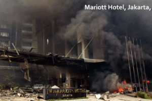 The destroyed exterior of the Marriott Hotel in Jakarta after the 2003 bombing