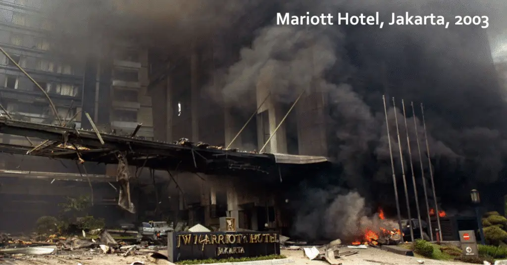 The destroyed exterior of the Marriott Hotel in Jakarta after the 2003 bombing