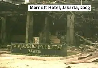 The destroyed exterior of the Marriott Hotel in Jakarta after the 2003 bombing