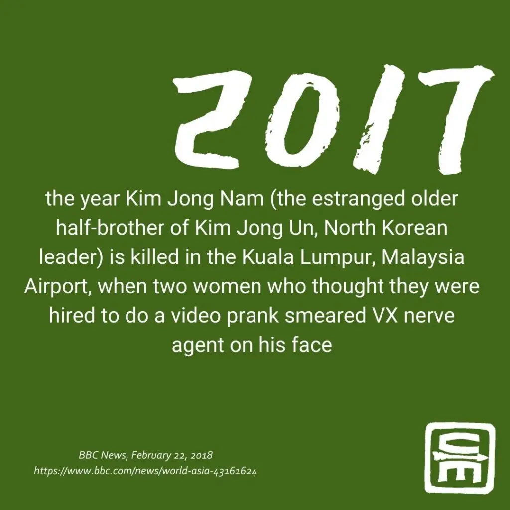 CBRN by the numbers: 2017 Kim Jon Nam (older brother of North Korean leader) is killed in Malaysia Airport when two women who thought they were hired to do a prank smeared VX nerve agent on his face