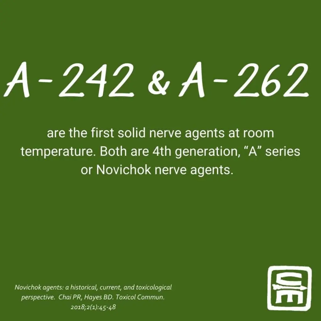 CBRN by the numbers: A-242 & A-262 are the first solid nerve agents at room temperature. Both are 4th get "A" series or Novichok nerve agents