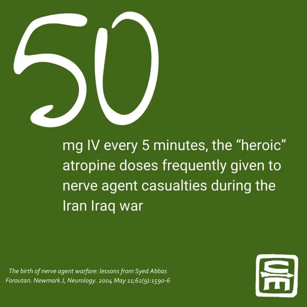 CBRN by the numbers: 50 mg IV every 5 minutes, the "heroic" atropine doses frequently given to nerve agent casualties during the Iran Iraq war