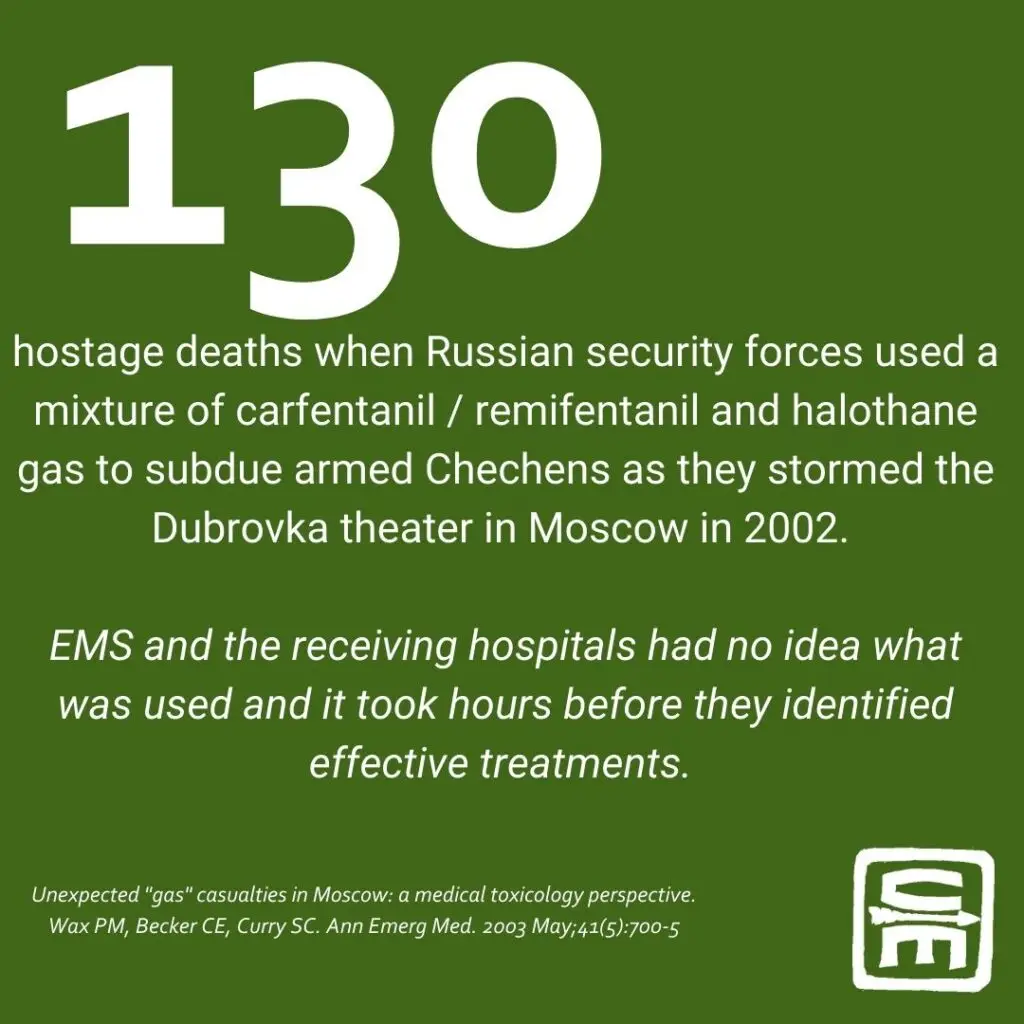 CBRN by the numbers: 130 hostage deaths when Russian security forces used a mixture of carfentanil/remifentanil and halothane gas to subdue armed Chechens as they stormed the Durovka theater in Moscow in 2002. EMS & receiving hospitals had no idea what was used & it took hours before they identified effective treatments