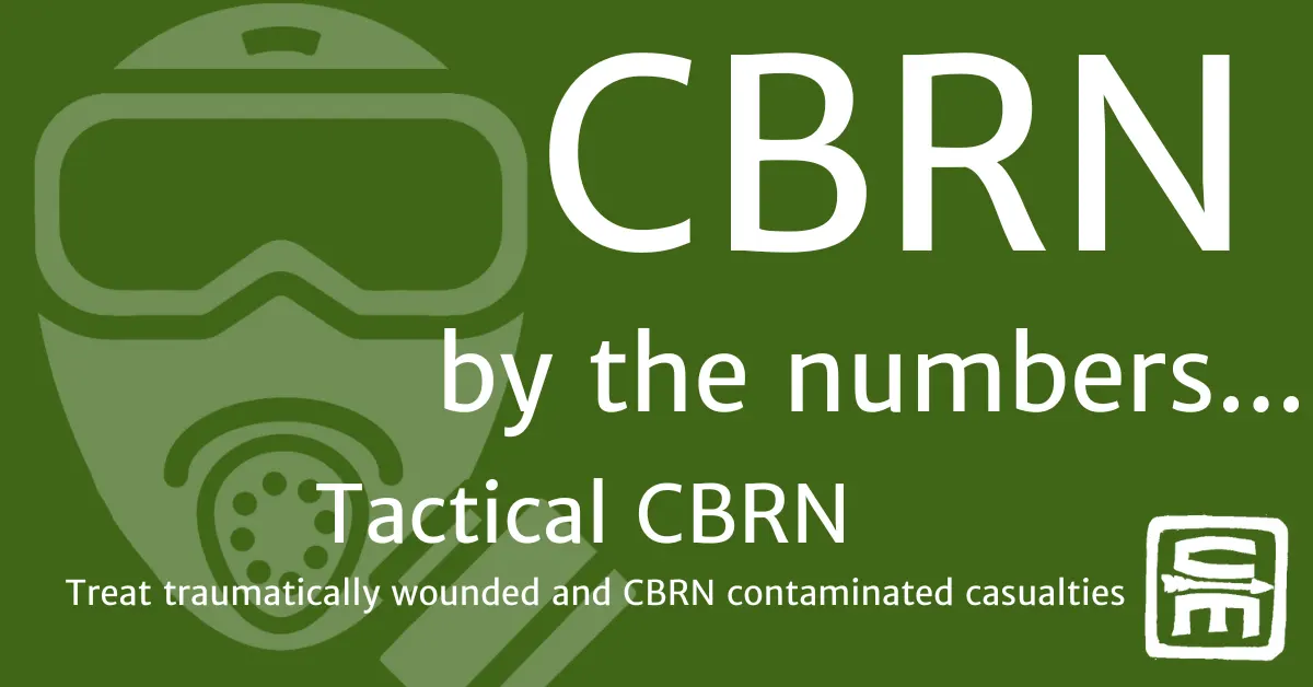 A chlorine gas green background with an outline of a gas mask and the title, CBRN by the numbers
