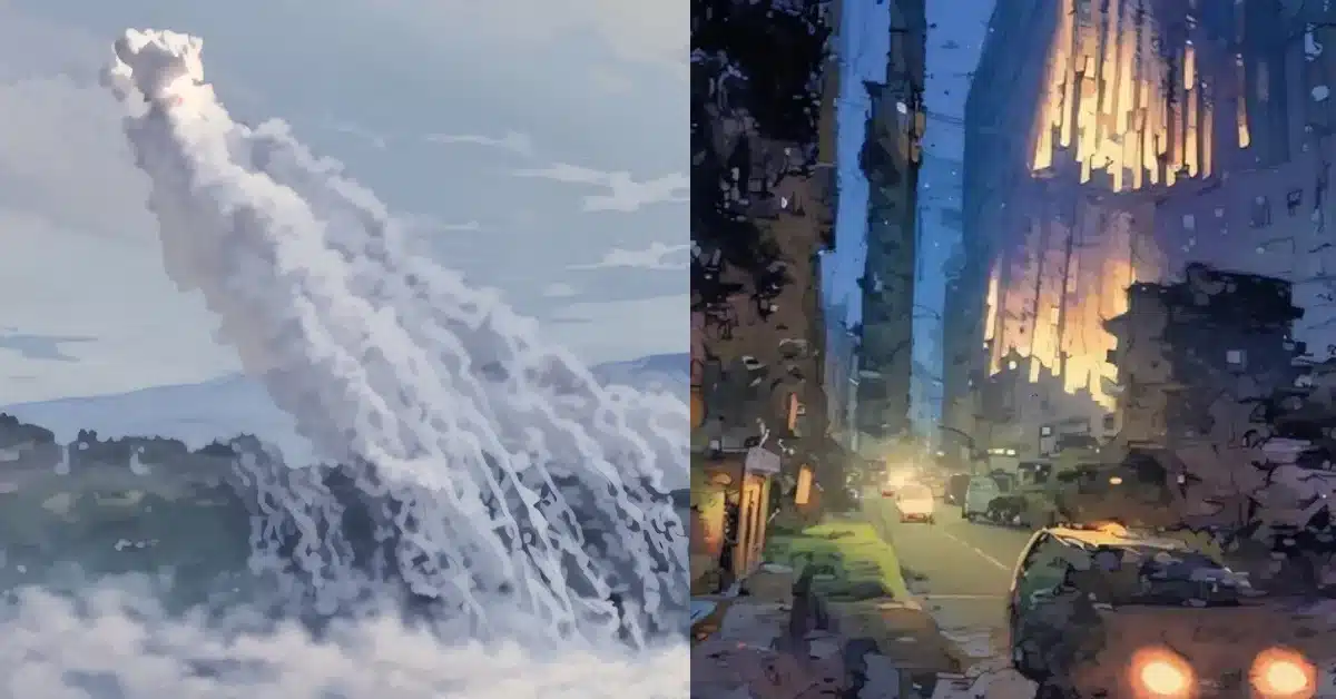 Two artist renderings of white phos being used, one high in the sky with it's tell-tail trails, and one in a city
