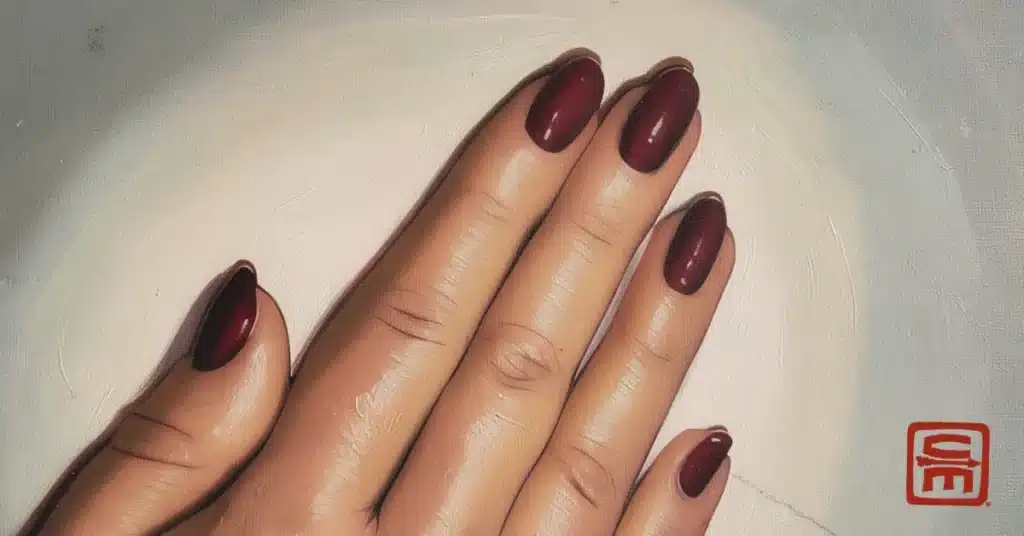 A hand with dark red fingernail polish