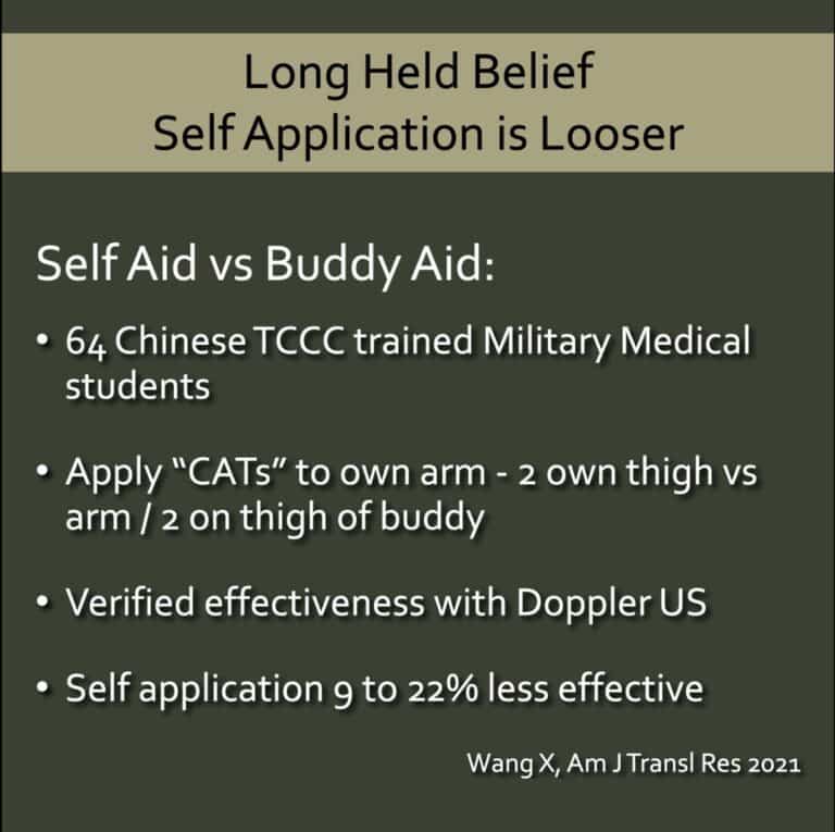 A slide discussing a Wang study that self-application of tourniquets results in looser application
