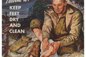 A WWI poster about trench foot showing. a soldier keeping his feet clean and dry