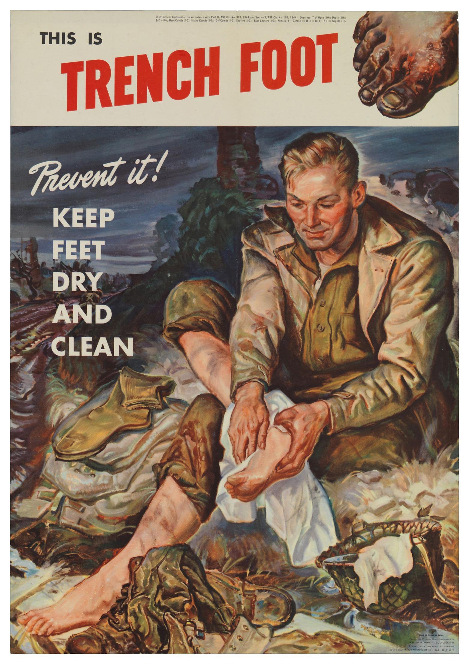 A WWI poster about trench foot showing. a soldier keeping his feet clean and dry