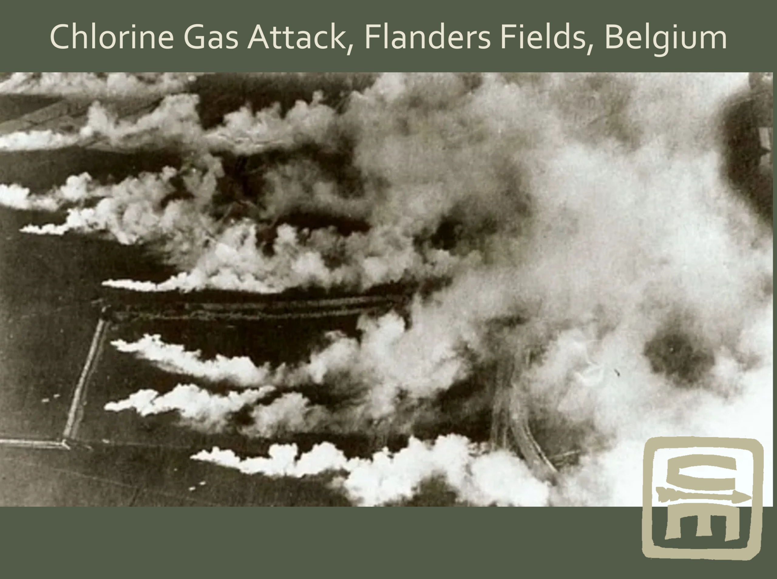 A historic photo showing a WWI Chlorine Gas Attack with plumes of gas wafting over the battlefield