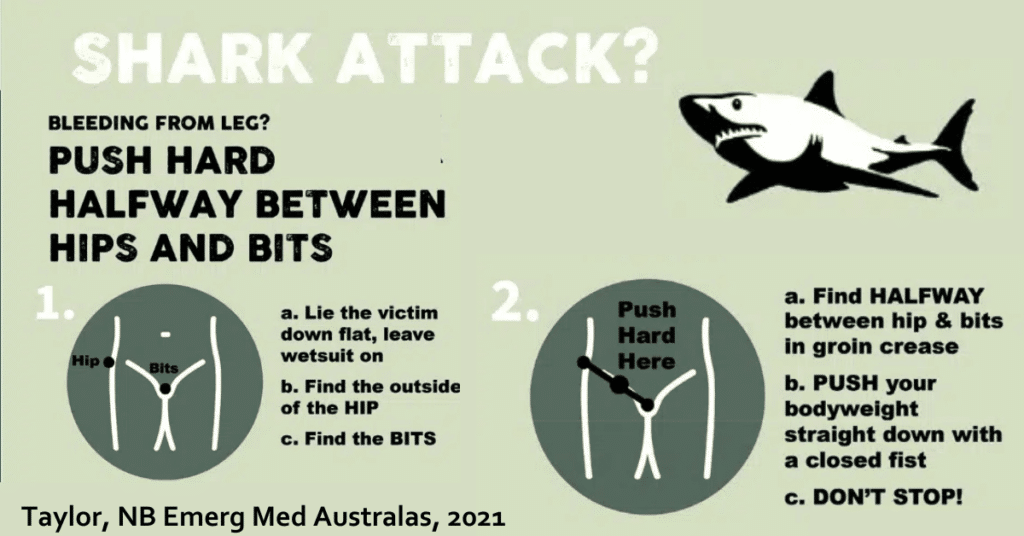 Australian explanation of kneeling in the groin. "Shark attack? Push hard halfway between hips and bits"