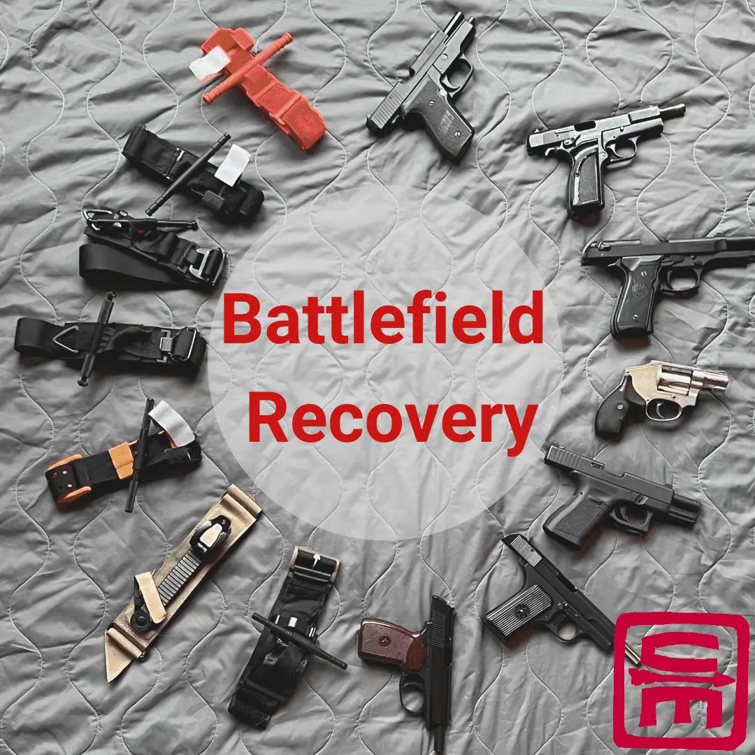 A clock face of battlefield recovered items you might have to fight or treat with - pistols on one side and different tourniquets on the other